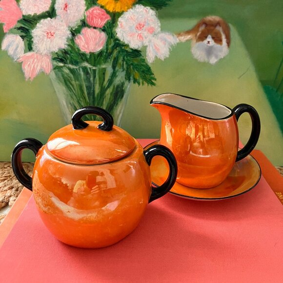 Vintage Lustre Ware Creamer and Sugar Bowl: Slovakian Art Deco Decor - Picture 1 of 9